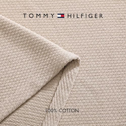 Image of Tommy Hilfiger - Queen Cotton Blanket, Textured Pique Weave Bedding, Medium Weight Soft Blanket, Anti-Pilling & Fade Resistant, Ideal for Layering, Oeko-TEX Certified (Beige)