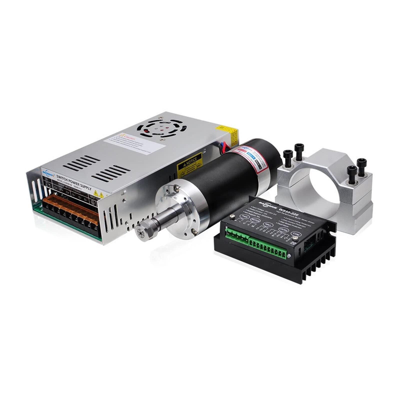 Mooilko Kit 1 500W Brushless Spindle Motor Er11 Dc Motor For Cnc Milling With Power Supply Driver 55Mm Clamp Bracket Er11 Collets Smooth Running(Kit 1)