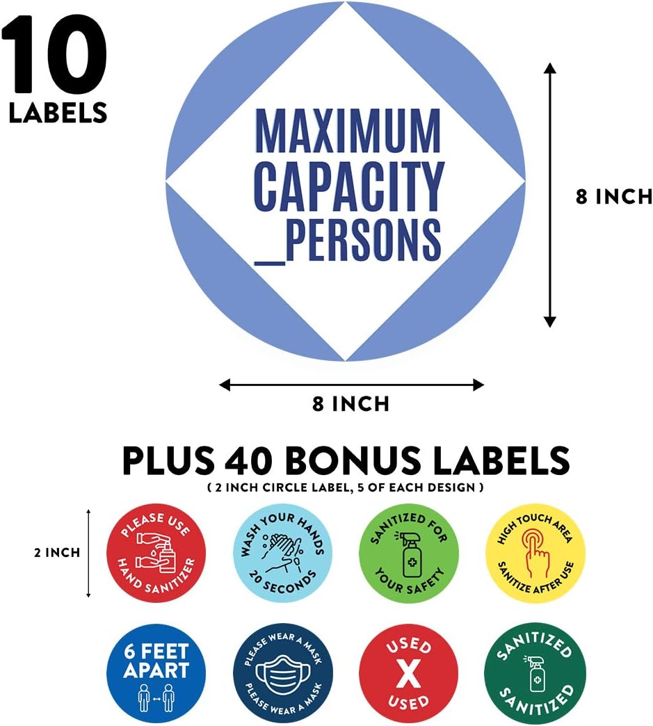 Andaz Press Custom Building Bathroom Office Social Distancing Maximum Occupancy Maximum Capacity X Persons Business Signs, 50 Labels, 10-Pack 8" Round Labels + 40-Pack 2" Circle Vinyl Sticker Decals