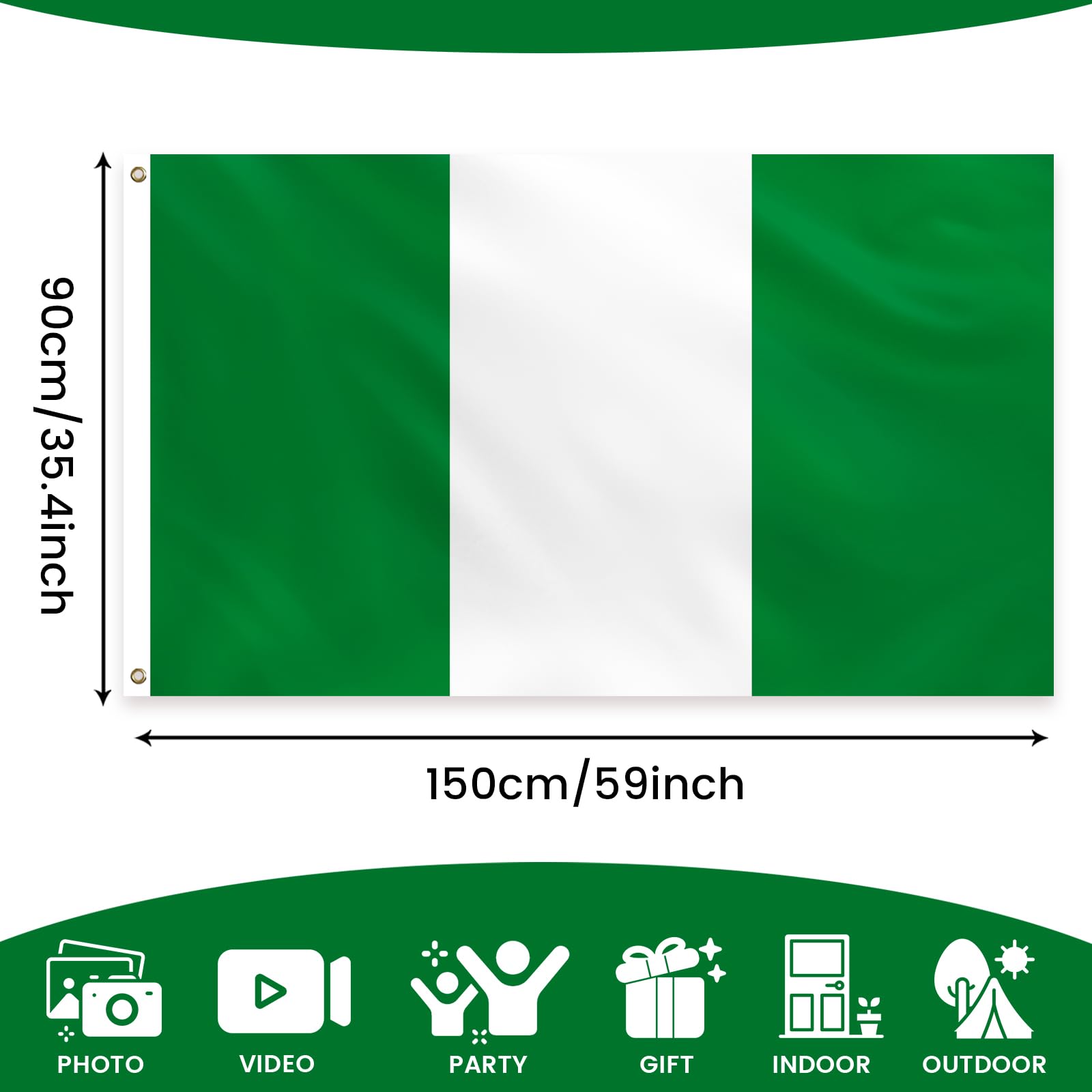 PartyYaa Nigerian Flag, 5ft x 3ft Nigeria Flag for Party Decoration Single Side with 2 Brass Eyelets, Waterproof - Image 2
