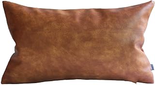 Thick Brown Faux Leather Lumbar Pillow Cover Cognac Leather Decorative Throw Pillow Case Farmhouse Rectangular Sofa Couch Cushion Covers Modern Minimalist Vegan Pillow Cover 12x20 Inches