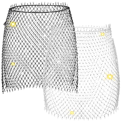2-Piece Women's Mesh Skirt - See Through Rhinestone Belly Dance Beach Wrap Cover Up - Body Crystal Rave Skirts for Swimwear - White, Black