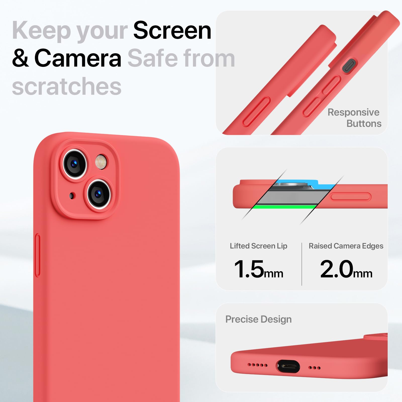 GOODVISH 3 in 1 Silicone Cover per iPhone 15 6.1" (2023), Custodia con 2 Pellicola Protettiva, Case per Cellulare Ultra Sottile Antiurto Resistente [Protezione Fotocamera], Pomelo Rosso