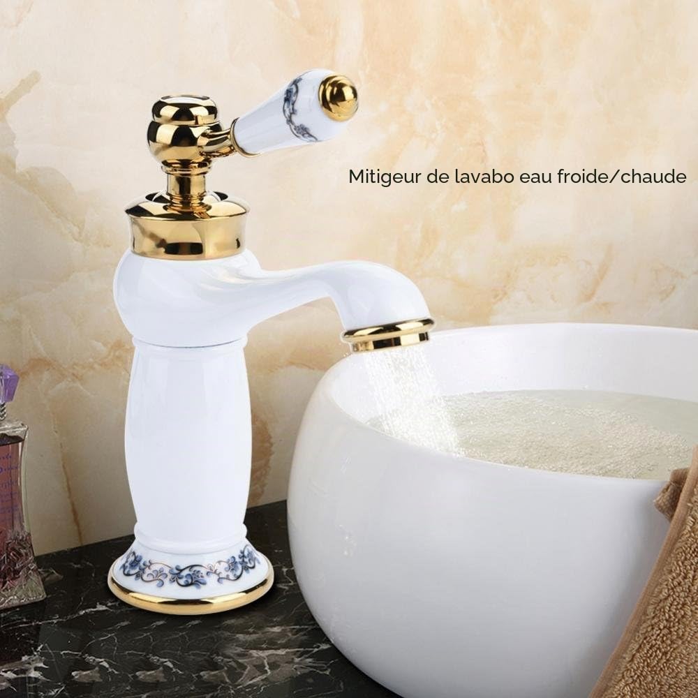 Fdit Céramique Antique en Laiton Robinet De La Salle De Bains Évier Robinet Bleu Et Blanc en Porcelaine À Long Cou Vintage Robinet De Lavabo Mitigeur Cuisine Robinet d'eau Froide Robinet(Blanc)