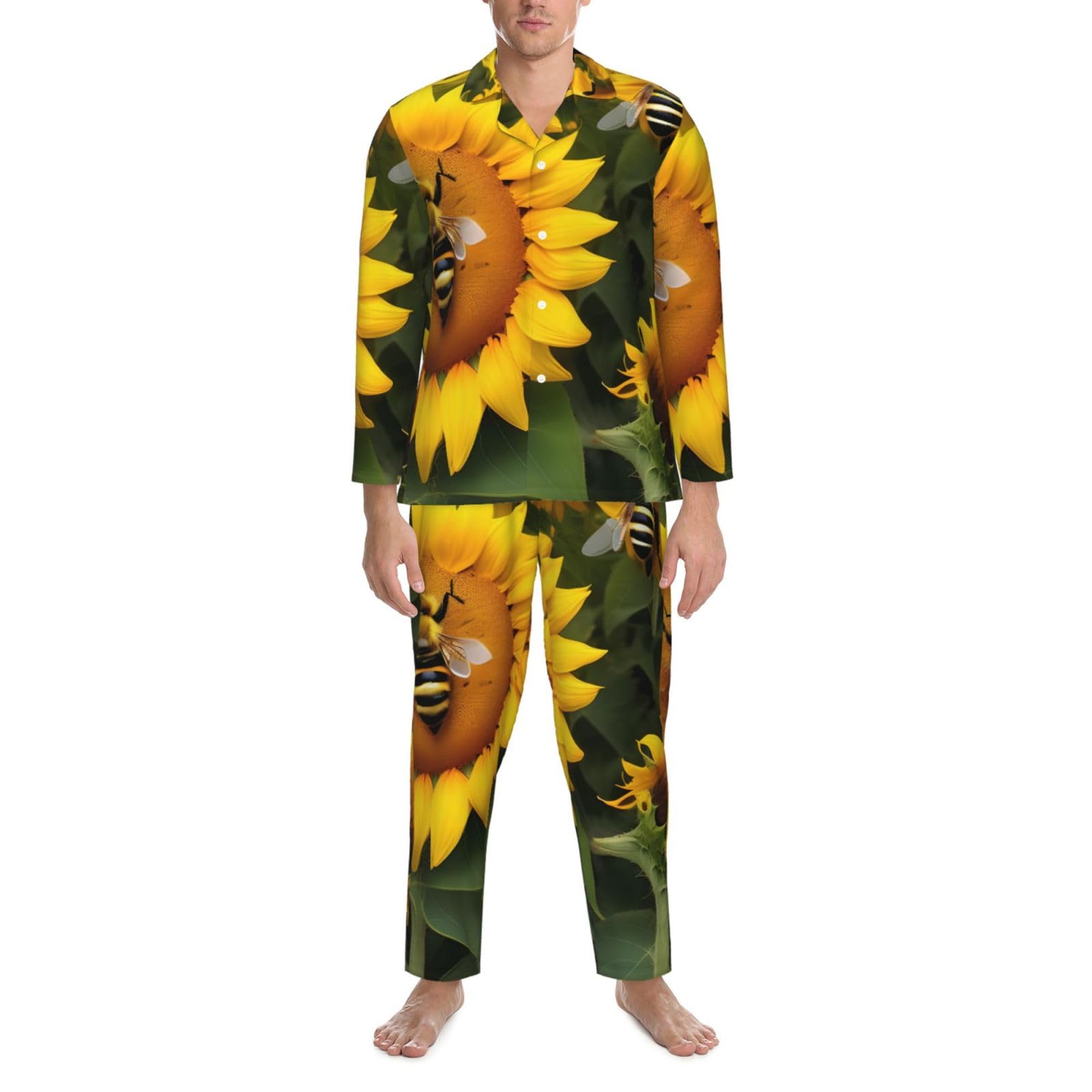Conjunto de pijama de manga larga para hombre con estampado de abejas de girasol, ropa de dormir transpirable y cómoda
