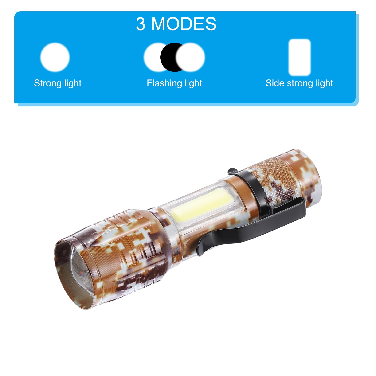 PATIKIL Scalable LED Flashlight, 2 Set 3 Mode High Lumens LED Flashlight Aluminum White Light Torch USB Rechargeable for Hiking Camping, Camouflage Brown - Image 3