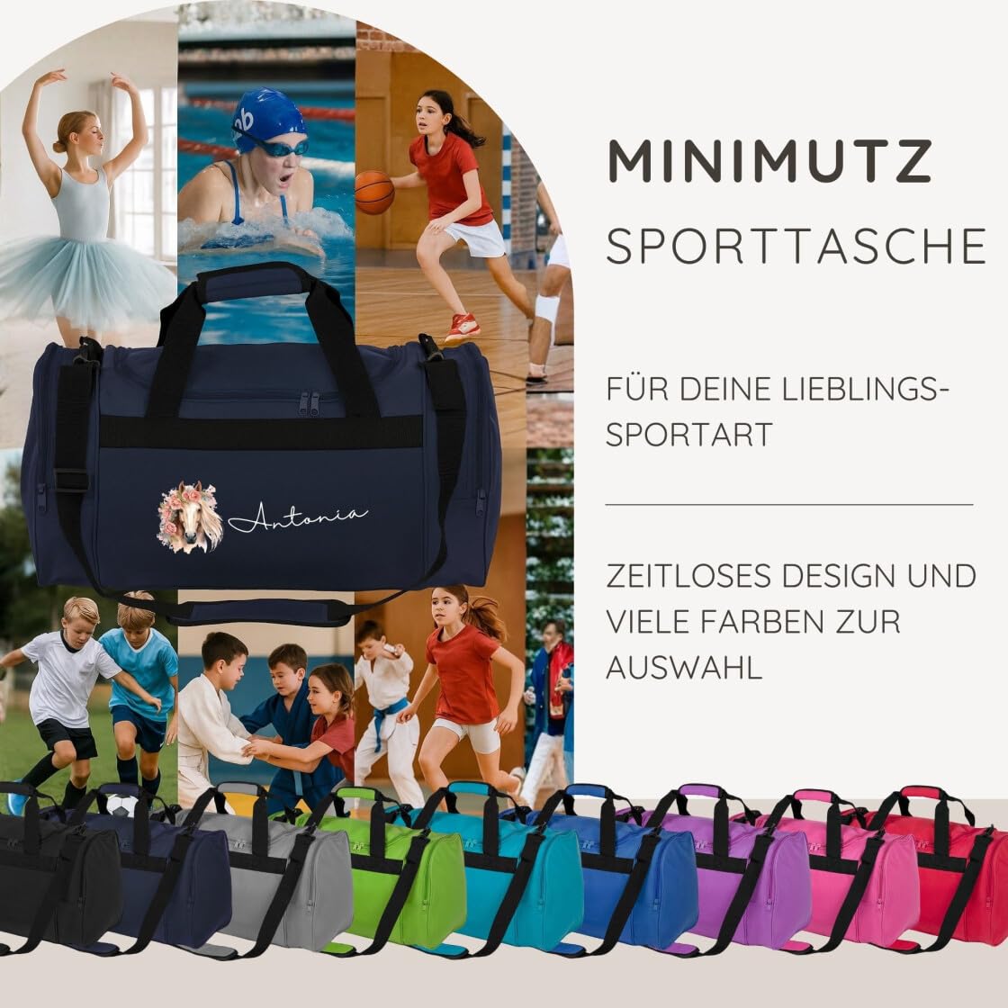 minimutz Sporttasche Pferd Kinder personalisiert, Reisetasche Reittasche Mädchen groß, Kindersporttasche mit Name 26L (lila)