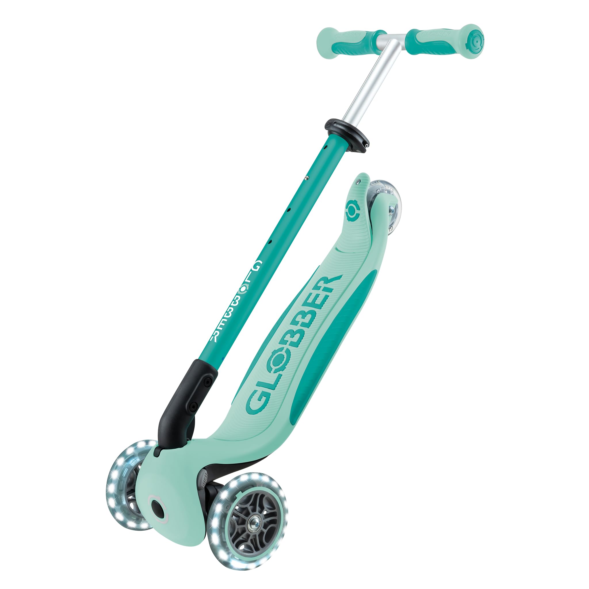 GLOBBER GO-UP Deluxe Lights 360 Roue de siège 3 en 1 avec roues LED, 120/80 mm, réglable, 3 roues, menthe
