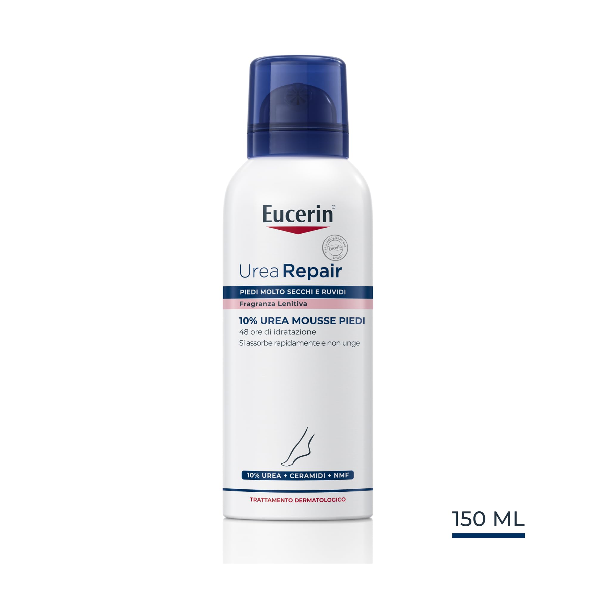 Eucerin Urea Repair 10% Mousse Piedi 150 ml, Schiuma piedi per idratazione e sollievo per 48h, Schiuma Urea e Ceramidi rigenerante per talloni secchi e screpolati
