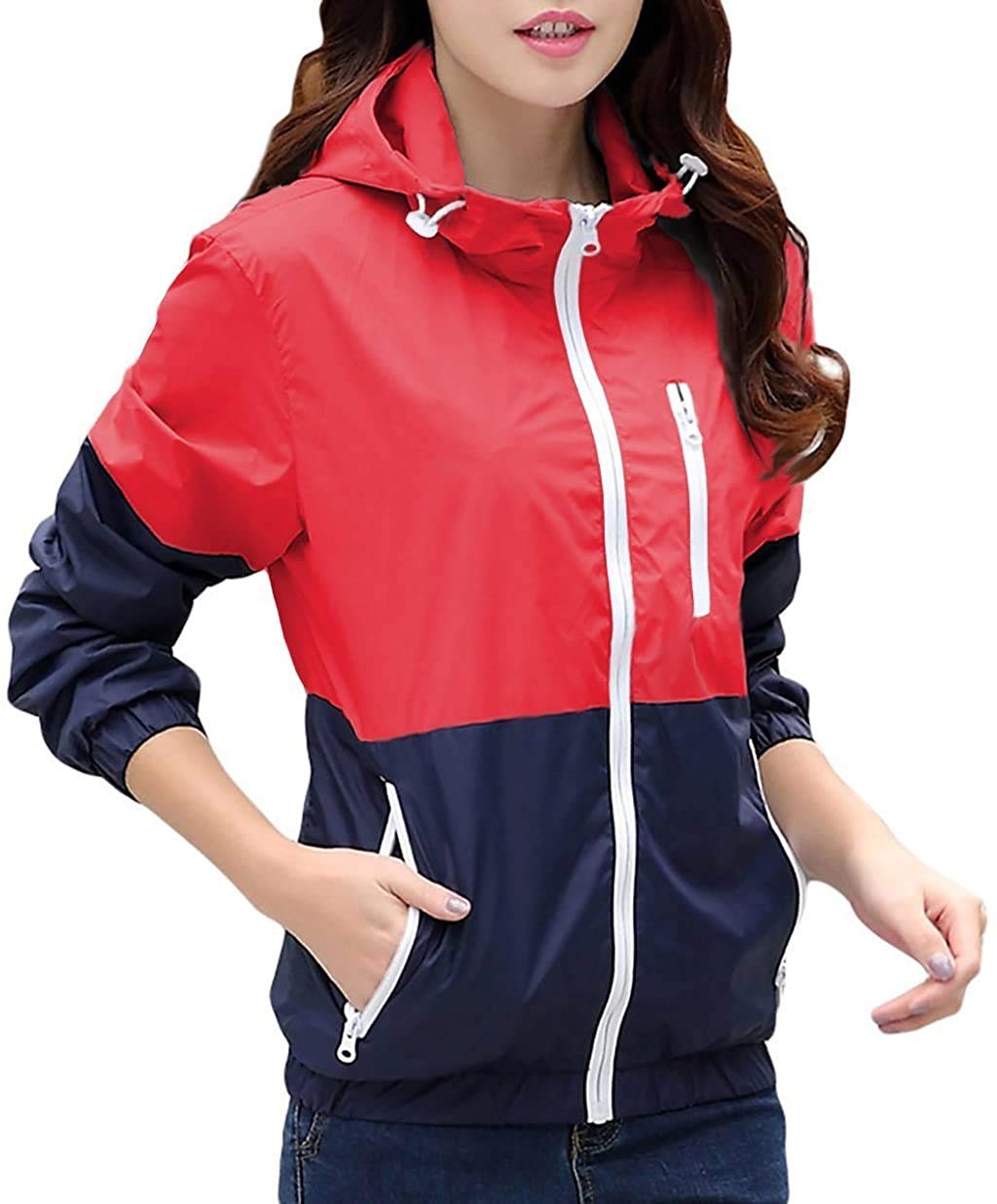 Womens Lightweight Windbreakers Sun Protection Outdoor Hooded Sports Outwear Quick Dry Jacket Lovers Coat (Red M)