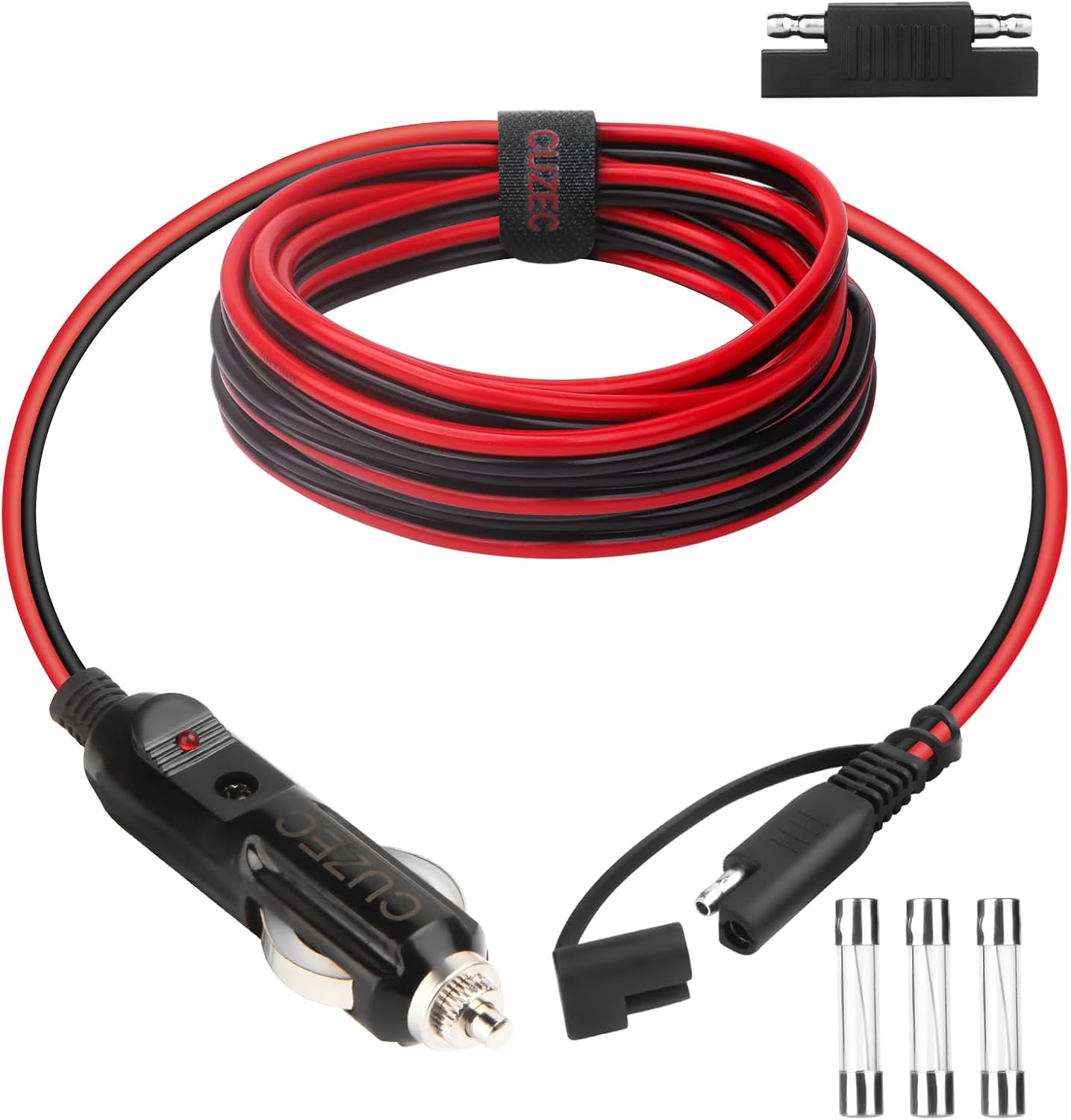 CUZEC 15FT/4.6m 16AWG 12V Cigarette Lighter Plug to SAE Quick Release Adapter Extension Charging Cable with 15A Fuse and LED Light (CU10280B)