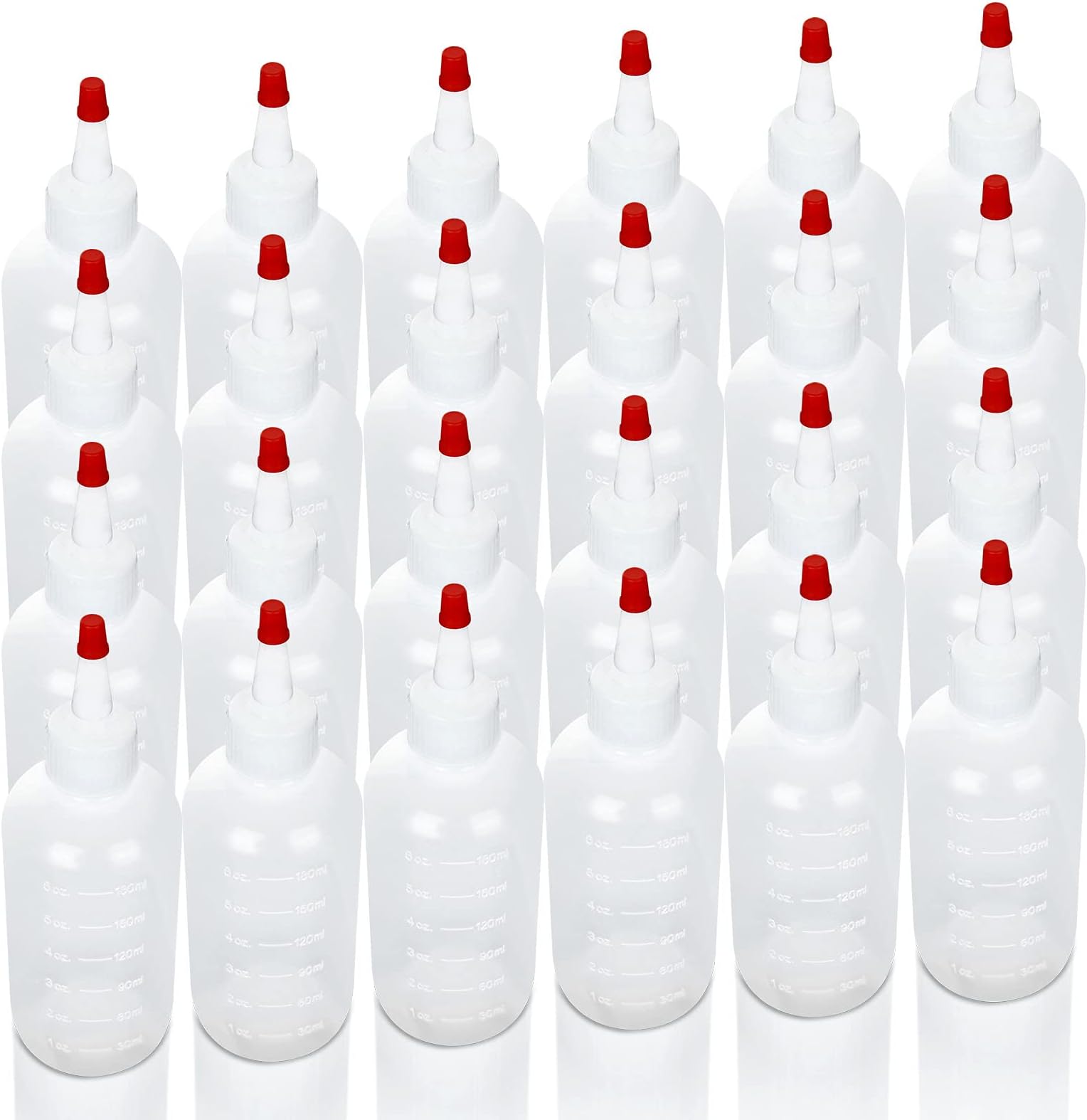 24 Pack 6oz Plastic Squeeze Bottles with Red Tip Caps and Measurement, Leak Proof Refillable Plastic Squeeze Condiment Bottles Container for BBQ, Ketchup, Sauces, Dressing, Syrup, Arts, Crafts, Glue