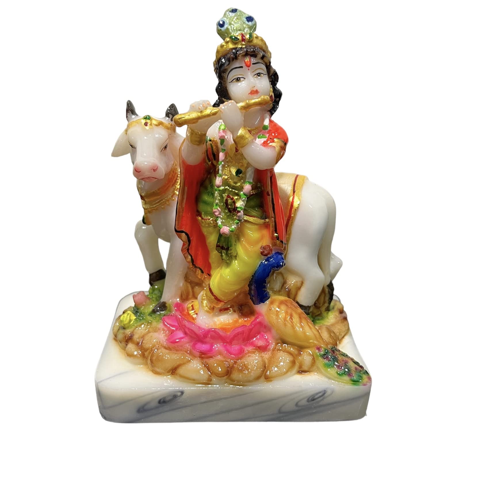 Rama Collections Marble Handcrafted Multicolor Krishna Murti with Kamdhenu Cow Showpiece Hindu God Decorative Idol Figurine for Home Decor Gifts for House Warming for Living Room, 5.5 in