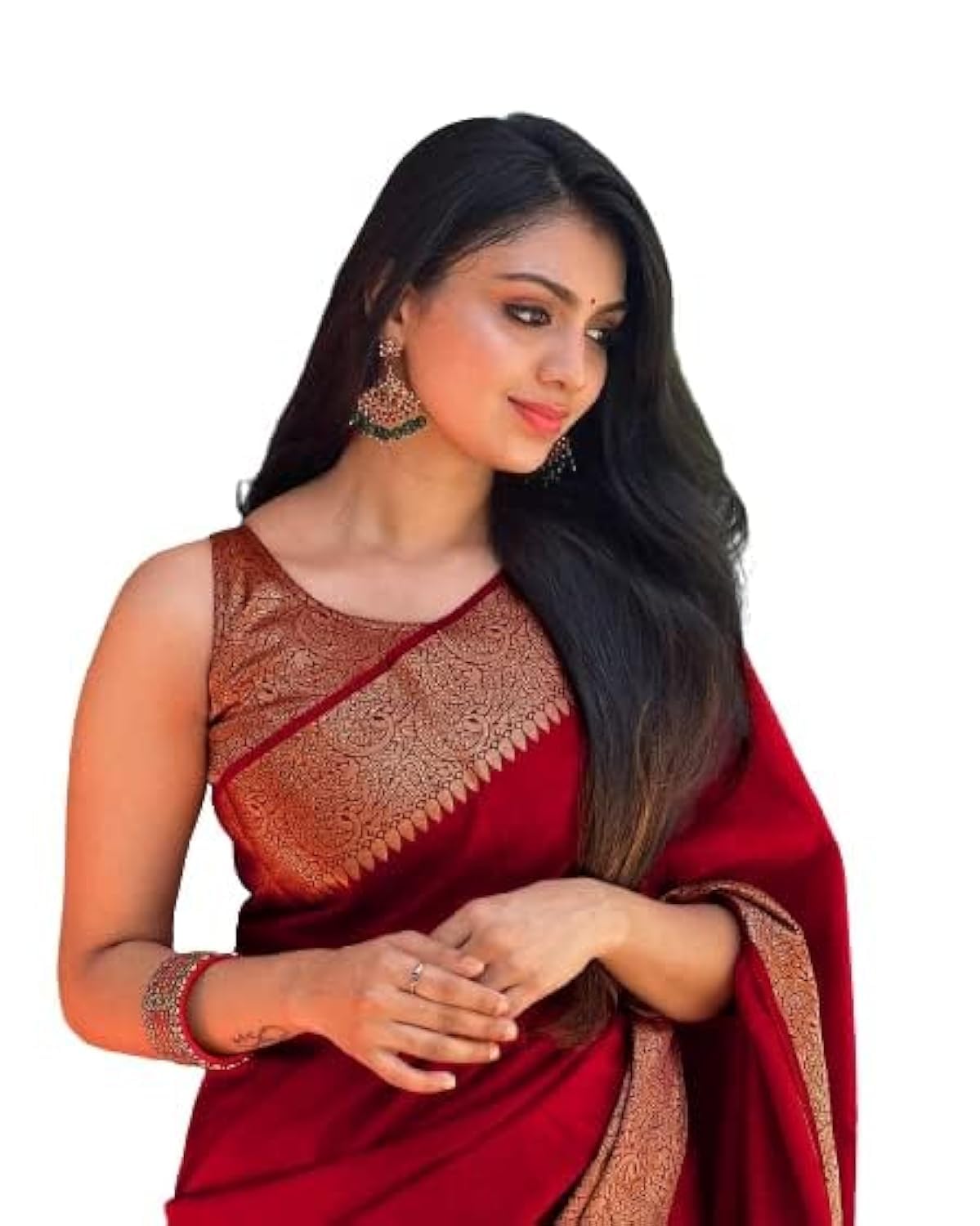 MarvishWomen's Kanjivaram Soft Lichi Silk Saree With Blouse Piece (Plain Maroon Parent), Red, Free Size