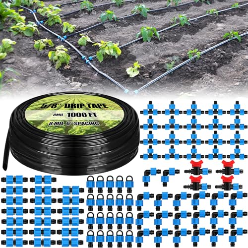 Tondiamo 1000 ft 5/8 Inch Drip Tape Irrigation Tubing Kit 8 Mil 6' Spacing Hose Garden Landscape...
