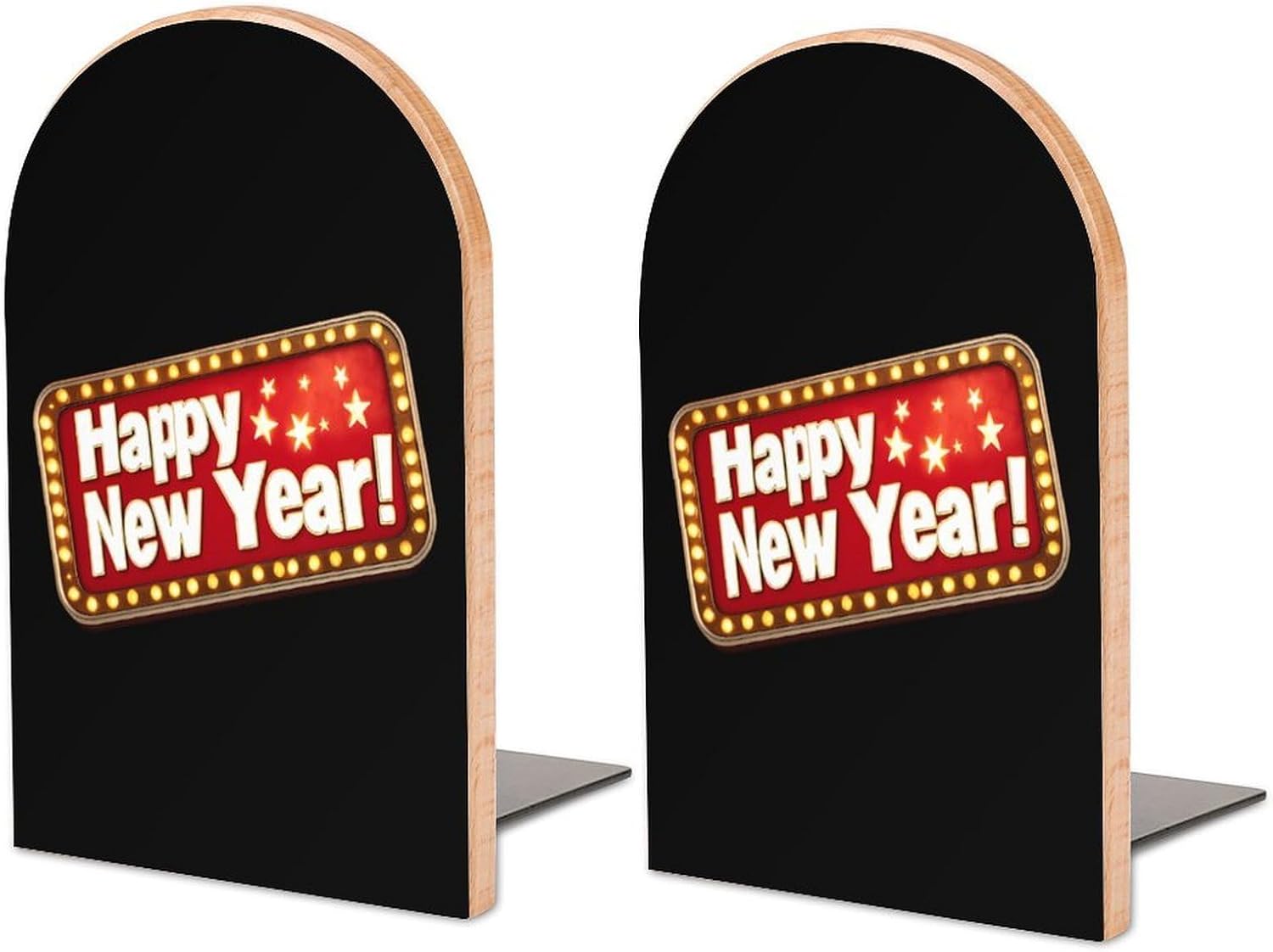 Happy New Year Cute Wood Book Ends Decorative Bookends 1 Pair Non-Skid for Shelves Home Office 7 X 5 Inch