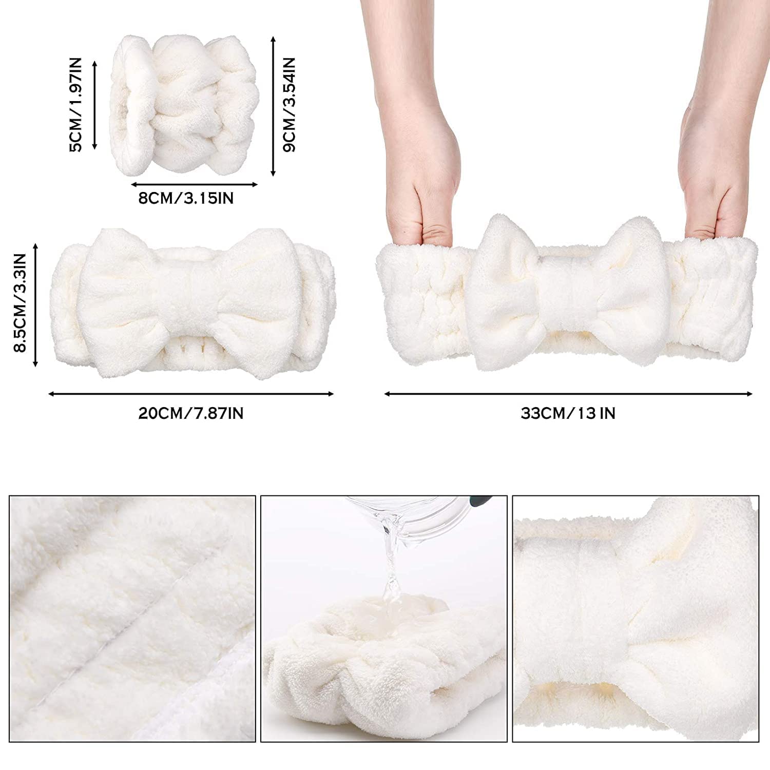 FRENYEAR 3 Pieces Spa Headband Wrist Washband Scrunchies Cuffs for Washing Face | Towel Wristbands Hair Headband Face Wash Wristband for Women Girls - White 2
