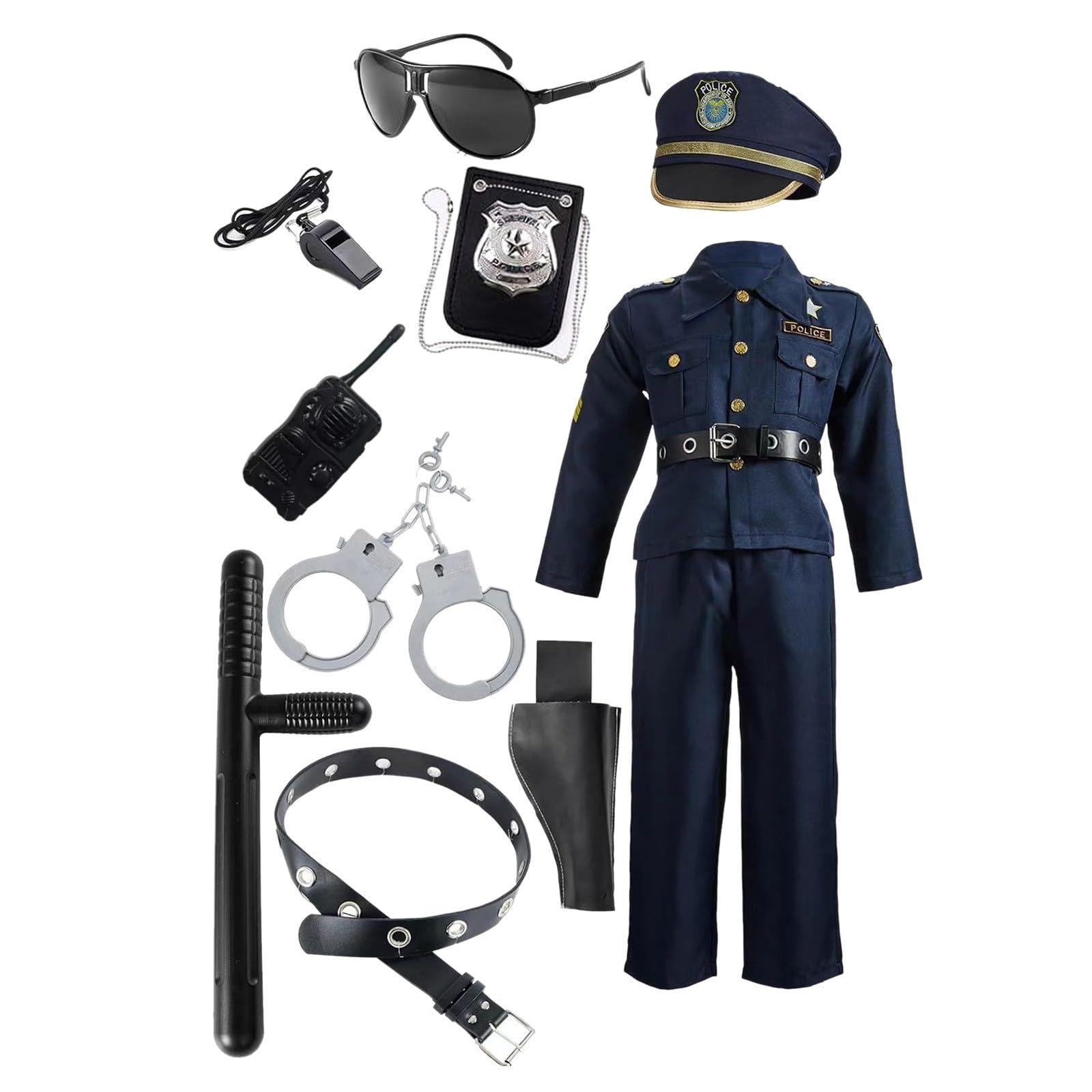 Generico Costume Poliziotto Bambino - Gioco Di Ruolo Vestito Poliziotto Bambino - Camicia, Pantaloni, Cappello, Cintura, Fischietto, Fondina Per Pistola E Set Di Poliziotti Walkie-Talkie