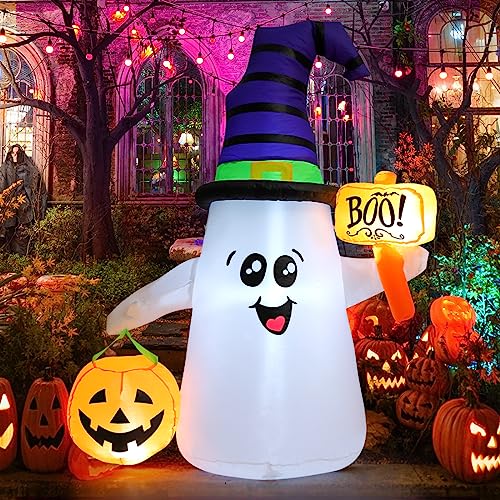 Goosh 5Ft Inflatable Halloween Cute Ghost With Pumpkin Blow Up Inflatables Halloween Outdoor Yard Decoration #TOP10
