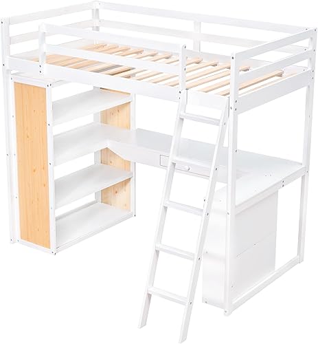 Miniatura 5 de JIVOIT Cama alta de tamaño individual marco de cama de madera con escalera estantes escritoriocajón cama loft multifuncional con barandillas de