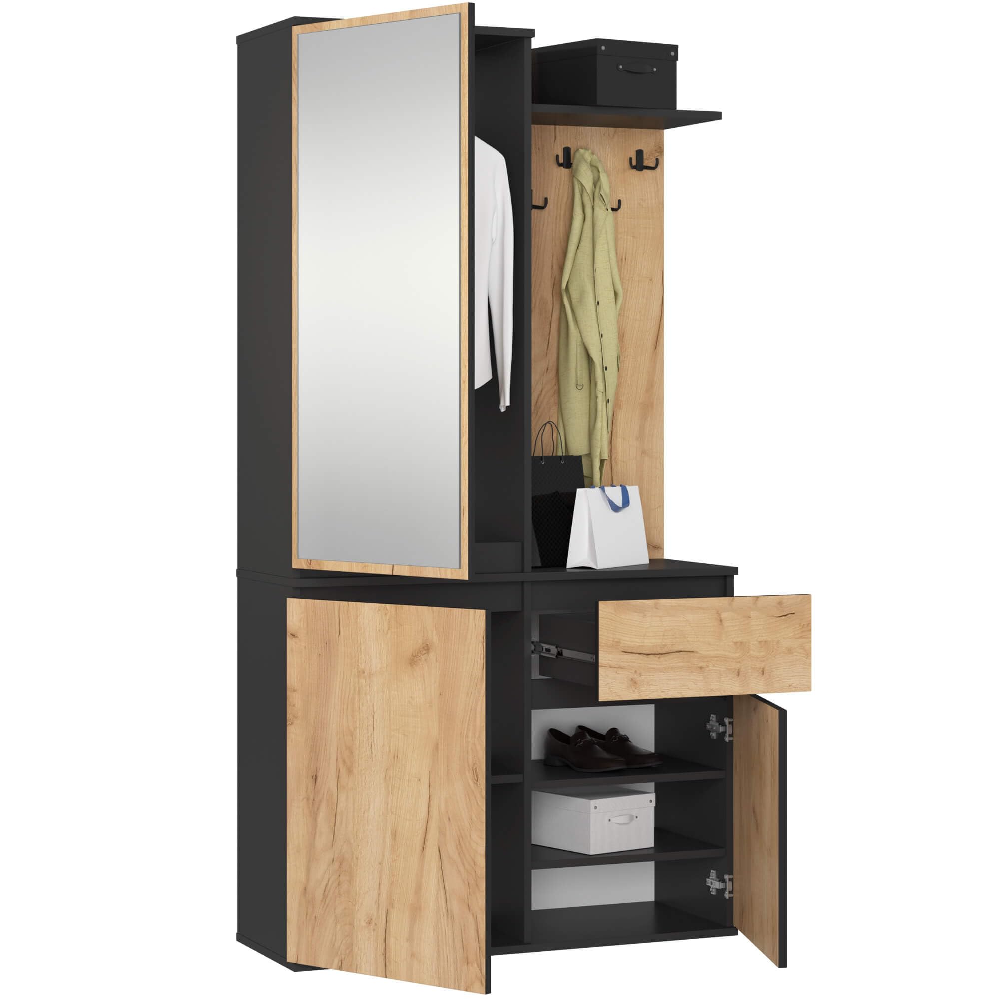 AKORD Garderoben-Set ENTRO Schwarz 95 cm Kompaktgarderobe Schmaler Flur 3 Türen 1 Schublade 7 Regalböden Industrial Stil Schwarz & Craft-Eiche
