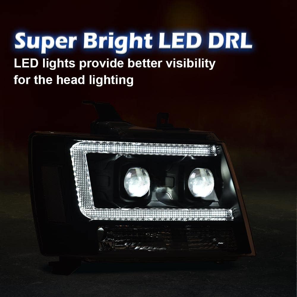 PIT66 LED Tube Dual Projector Headlight Assembly Compatible with 2007-2013 Chevy Avalanche Suburban 2500/2007-2014 Tahoe Suburban 1500 Headlamps Front Lights Smoke Lens Chrome Housing Clear Reflector