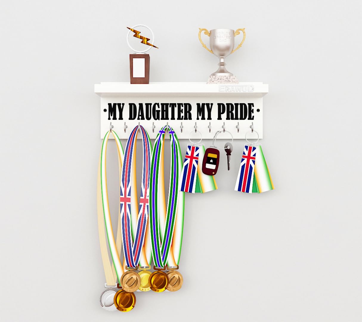 ERAWUD - Wooden Medal Holder Hanger Award, Medal Display Rack & Trophy Shelf Wall Mounted Key Chain Holder My Daughter My Pride Engineered Wood - White with 11 - Hooks (B0CJ4WJD3P) Amazon Price History, Amazon Price Tracker