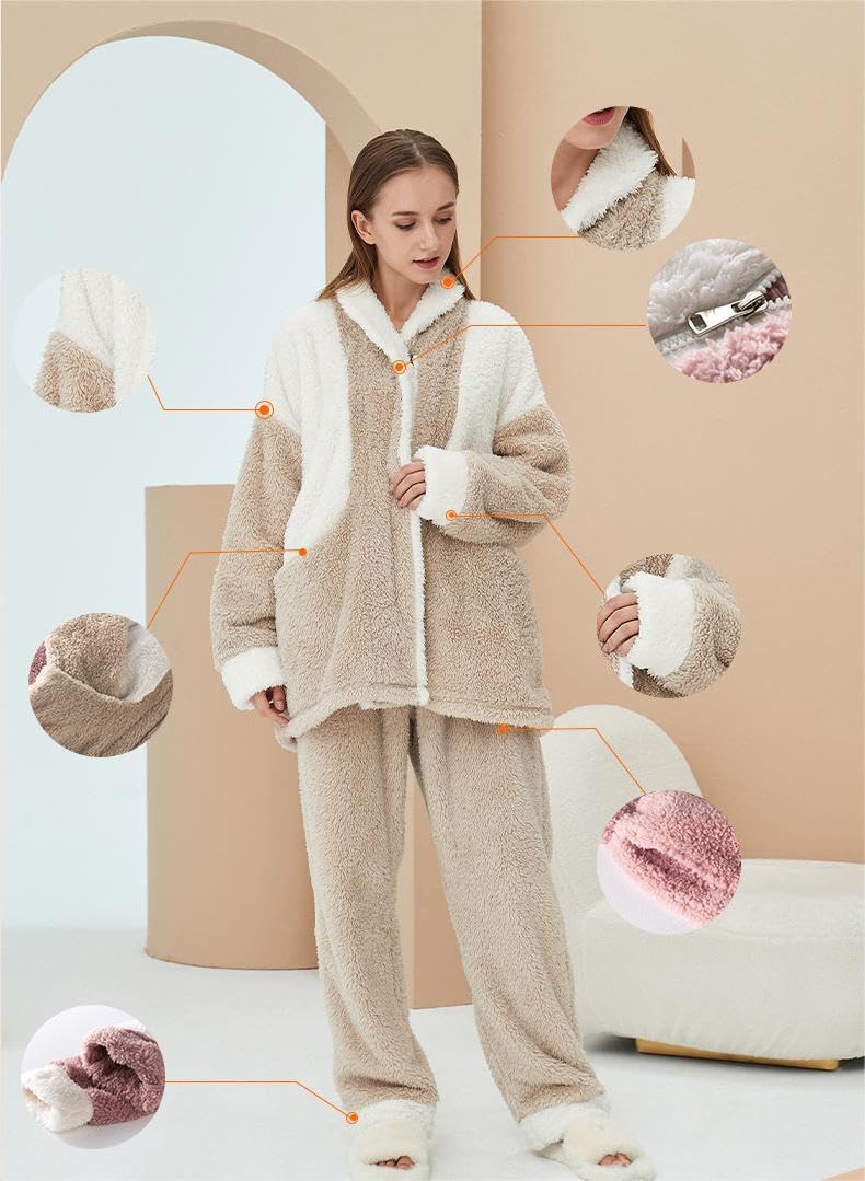 Pigiama Invernale da Donna Pigiama Caldo da Donna in Pile Corallo, Set di Abbigliamento da Casa con Bavero Cardigan