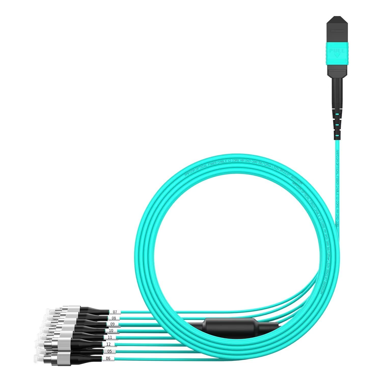 AMPCOM MPO to FC Breakout Cable 50/125μm Multimode OM3-300(12 Fiber, MPO to FC, Type B, LSZH/Riser, UPC, Aqua) 3m (9ft)