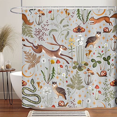 Fairy Rustic Forest Shower Curtain for Bahtroom, Country Woodland Wild Animals Butterfly Mushroom Set Hunting Shower Curtain, Farmhouse Rustic Cabin Lodge Shower Curtain Set with Hooks 70X70IN