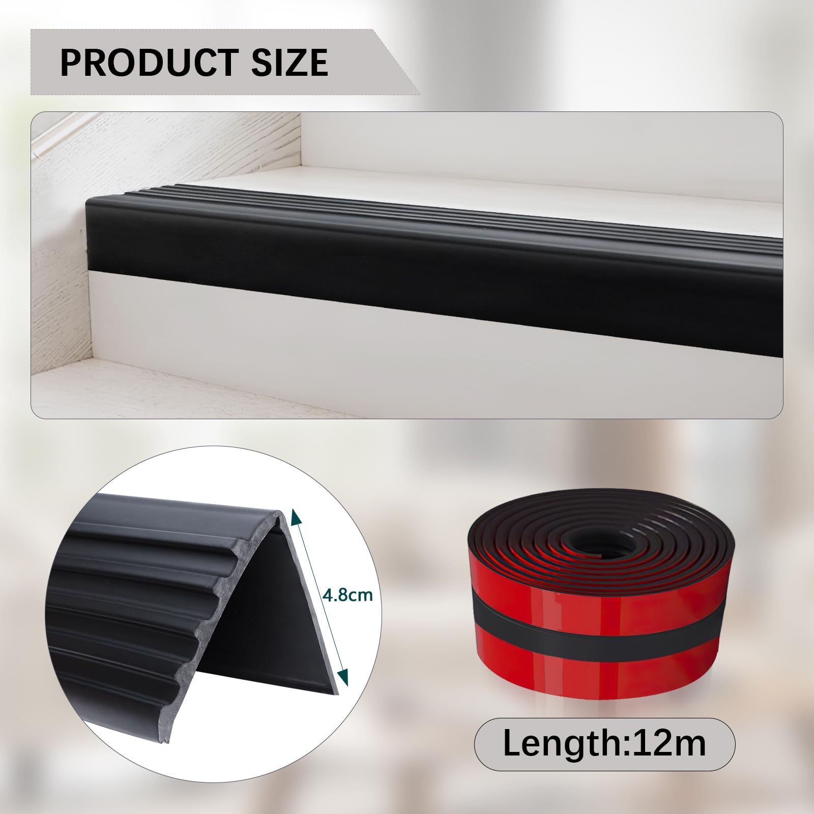 Perfil de borde de escalera autoadhesivo, 12 m de protección antideslizante para bordes de escalera, protección antideslizante para escalones de escalera para interior y exterior, negro