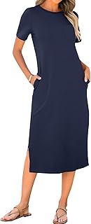 Women's Split Midi Length T-Shirt Dresses Short Sleeve Crew Neck Striped Dress Side Slit Summer Long Dress