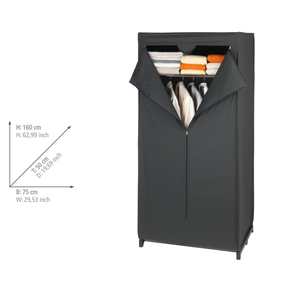WENKO Kleiderschrank Mod. Deep Black mit Ablage und Kleiderstange für die Aufbewahrung von Textilien Metallgestell und PEVA-Bezug Maße 75 x 160 x 50 cm