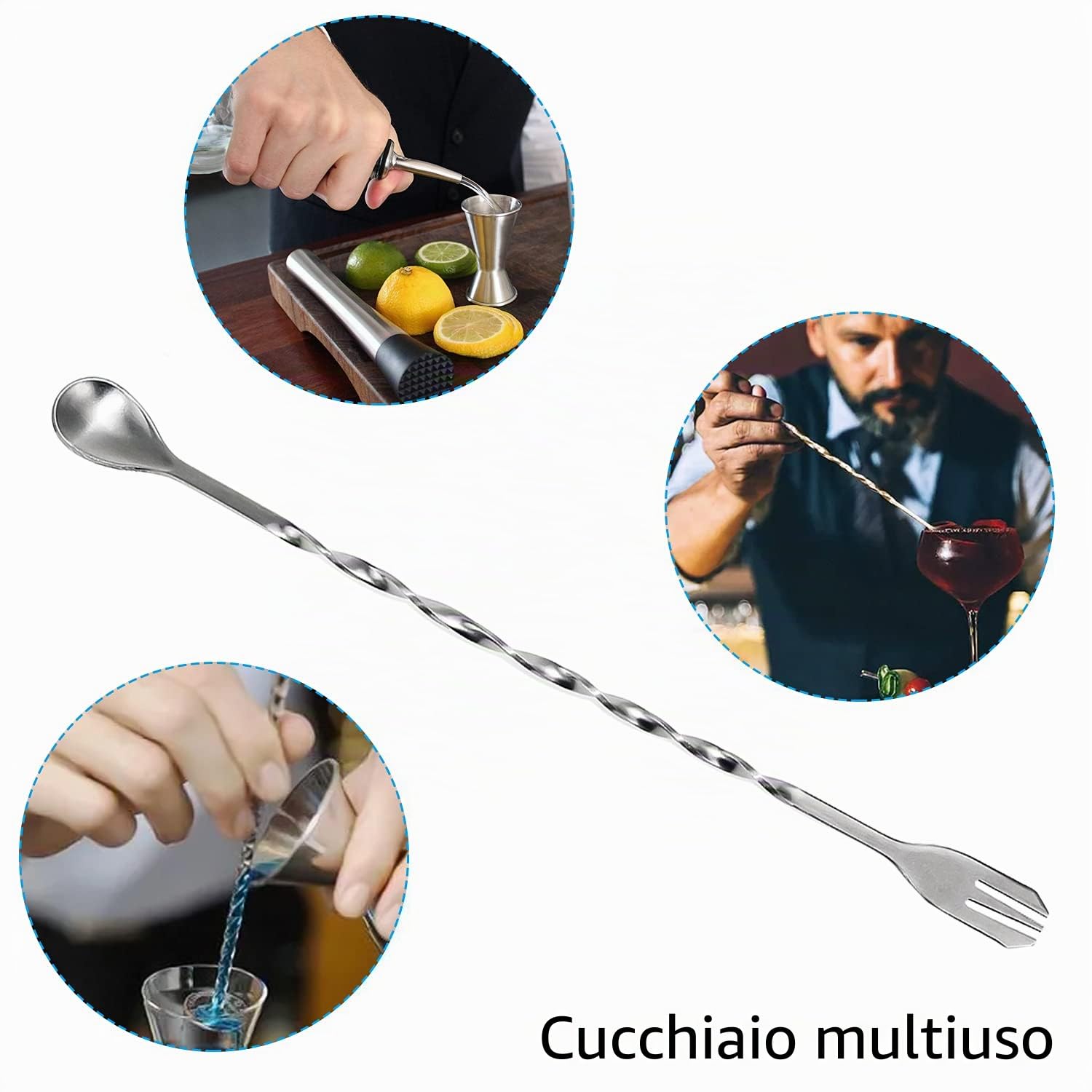 Jigger Cocktail 30 ml/60 ml Misurino Cocktail Professionale 304 Acciaio Inossidabile con Cucchiaio Miscelatore, Argento