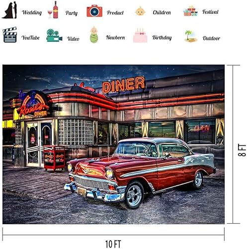Miniatura 8 de Fondo de comedor Rock Roll de los años 50 de los años 50 para coche, retro, nostalgia, fotografía, fondo de fotografía de 9 x 6 pies, accesorios de