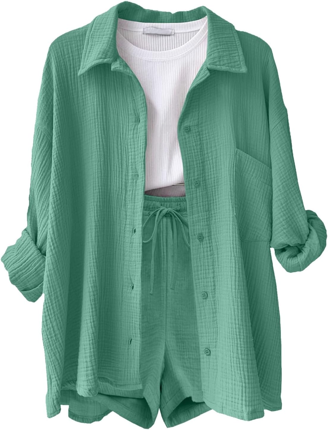 CheChury Women's 2-Piece Linen and Cotton Suit for Women Elegant Summer Casual Jumpsuit 2 Pieces Set Long Sleeve Shirt and High Waist Shorts with Drawstring Pockets Beach Holiday