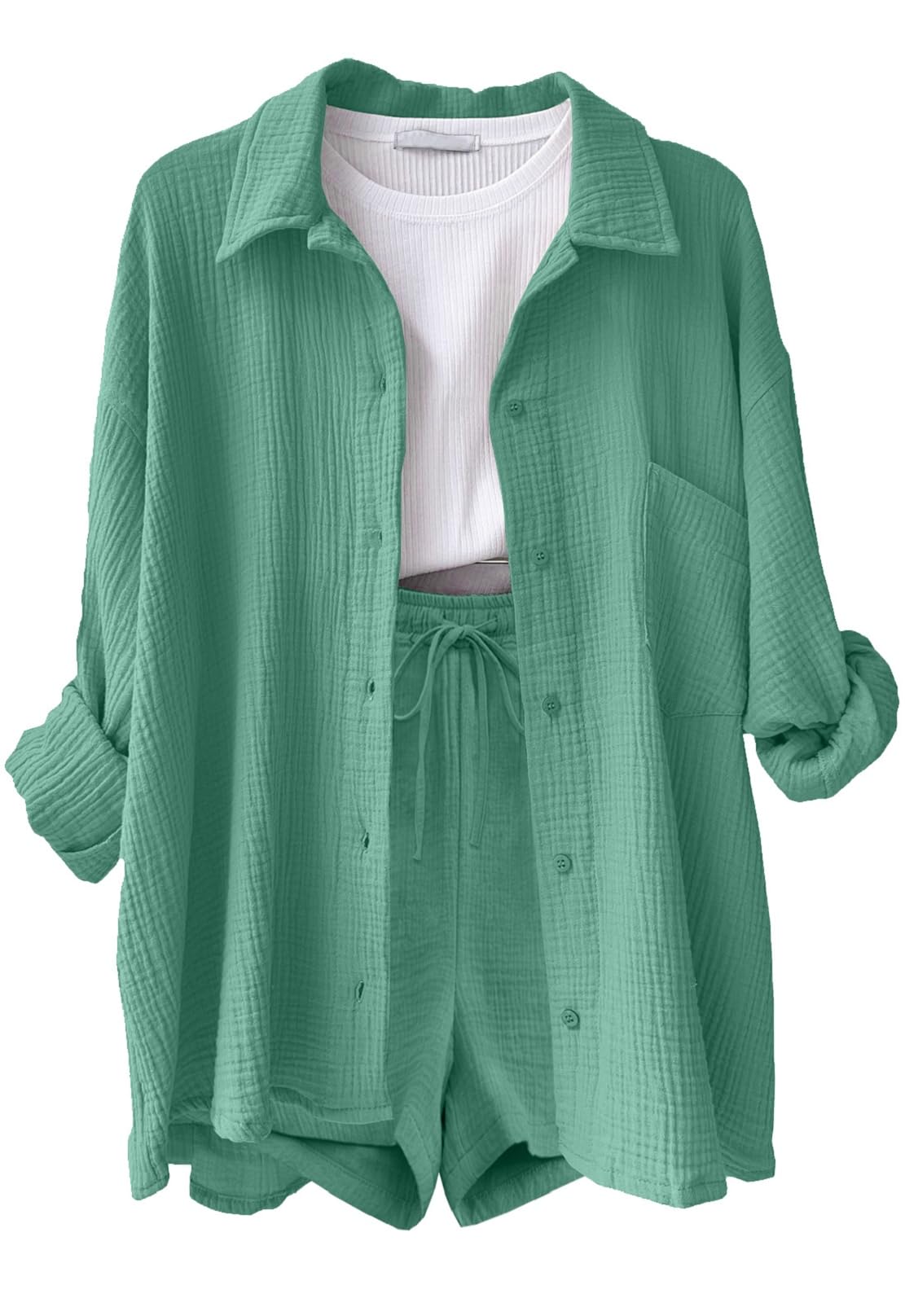 CheChury Conjunto Verano Mujer Conjunto de 2 Piezas Algodón Lino Chándal de 2 Piezas Verano Mujer Casual Camisa Manga Larga y Pantalón Corto con Bolsillo Cómodo Moda Color Sólido para Vacaciones Playa — view 10