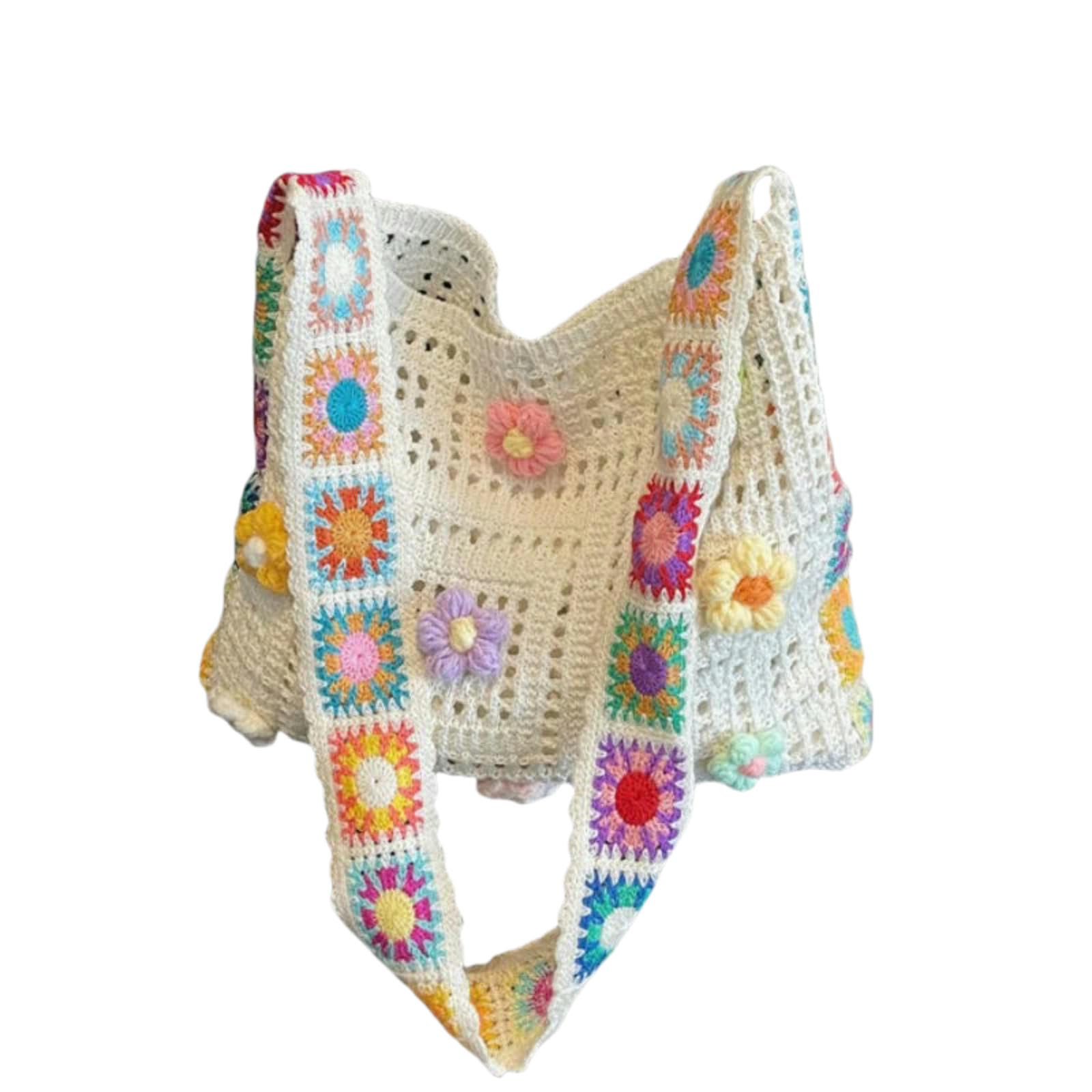 Borse Borsa all'Uncinetto Boho Femminile, A Maglia Designer Floreale, per Spalla Intrecciata in Spiaggia Estiva di Grande capacità-Beige con Fiori