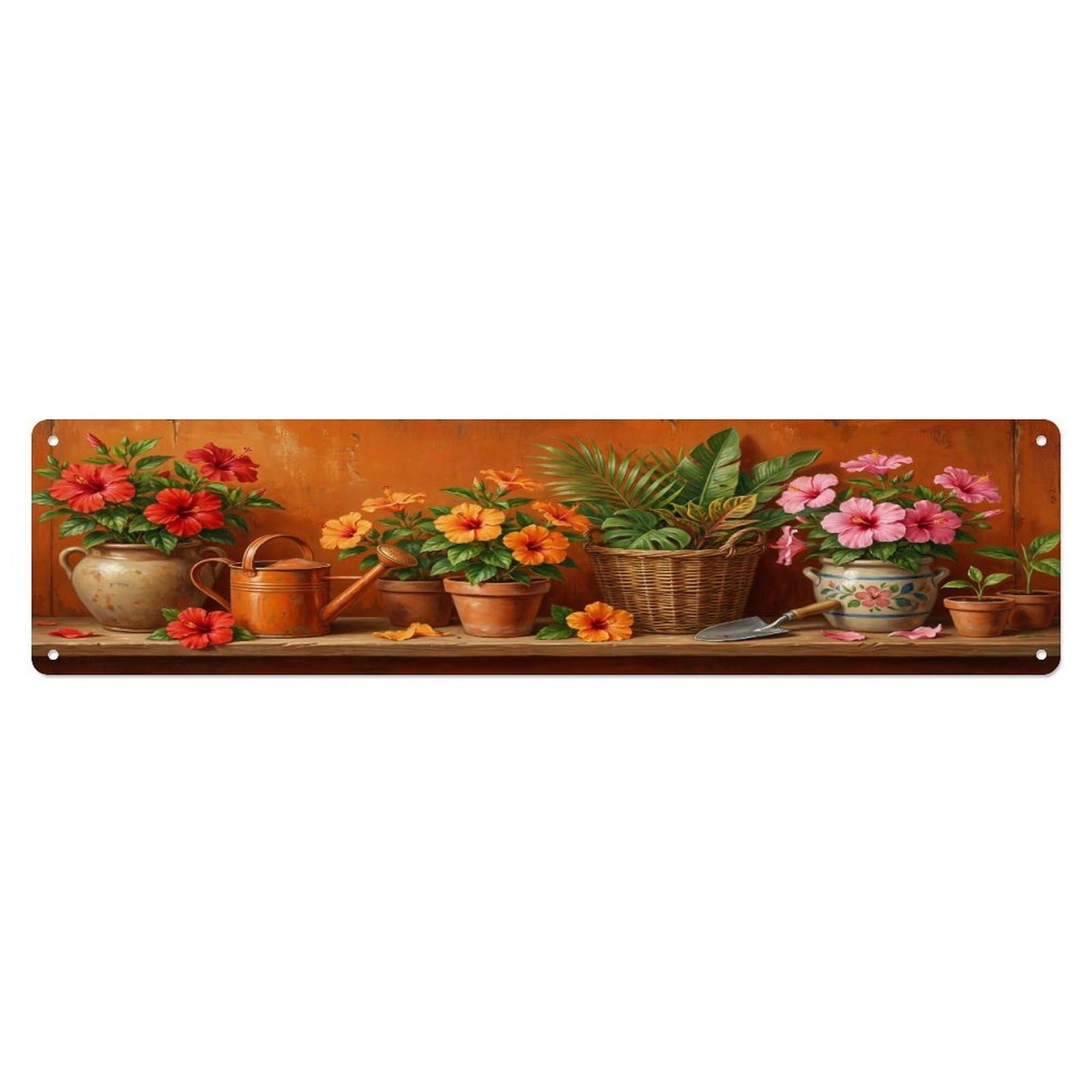Floral Garden Tools Hibiscus Pot Pattern Print Metal Tin Sign