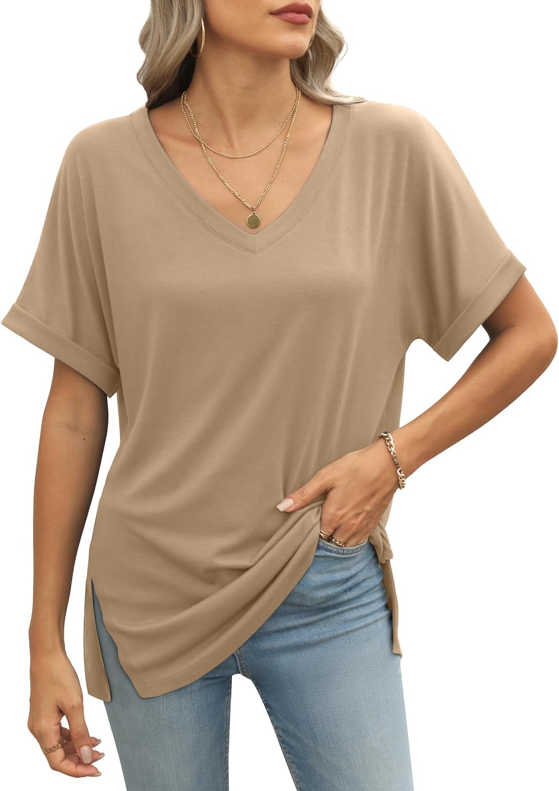 ATHMILEWomens Summer 2025 V Neck Casual Tunic Tops Spring Fashion Basic Trendy Outfits