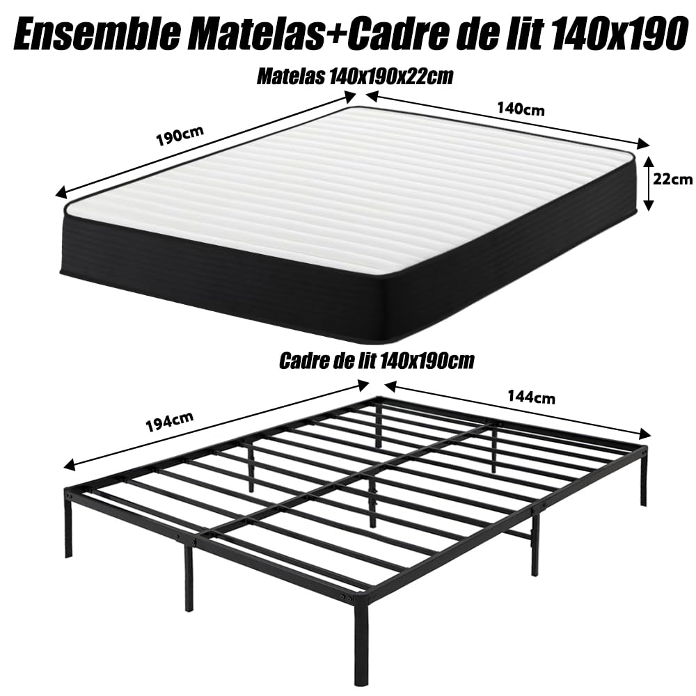 Luxirest Ensemble Matelas et Sommier 140x190,Lit 140x190 avec Sommier et Matelas(Matelas 140x190x22+Cardre de lit)