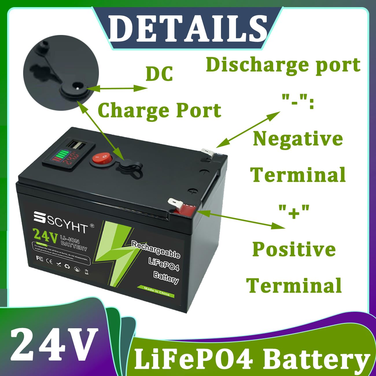 Batteria al litio 24 V 10 Ah 8 Ah Batteria LiFePO4 12 Ah Batterie agli ioni di litio 24 V Batterie di ricambio per alimentazione solare di backup con porta USB,24v12ah