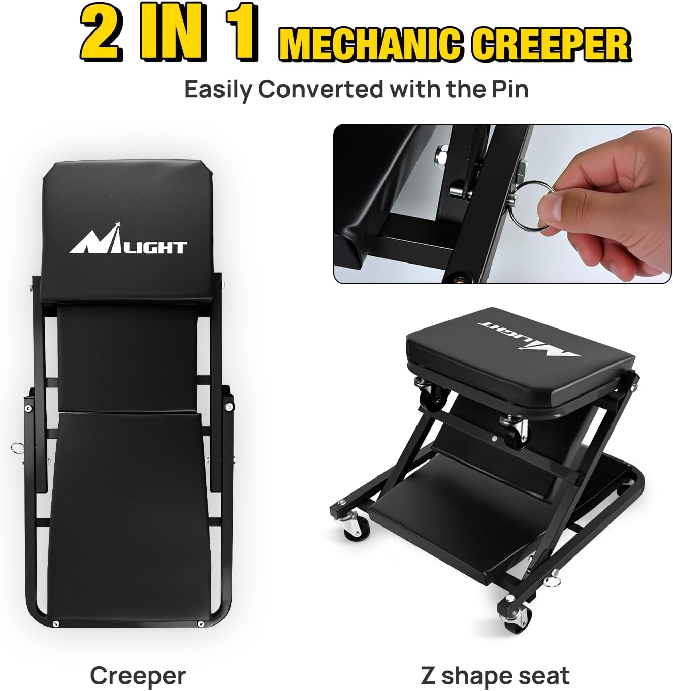 Nilight 36" Z Creeper - 2-in-1 Folding Rolling Mechanic Seat, 36 inches Adjustable Lay-Down or Sit Garage Chair, 300 lbs Capacity, Grey Black