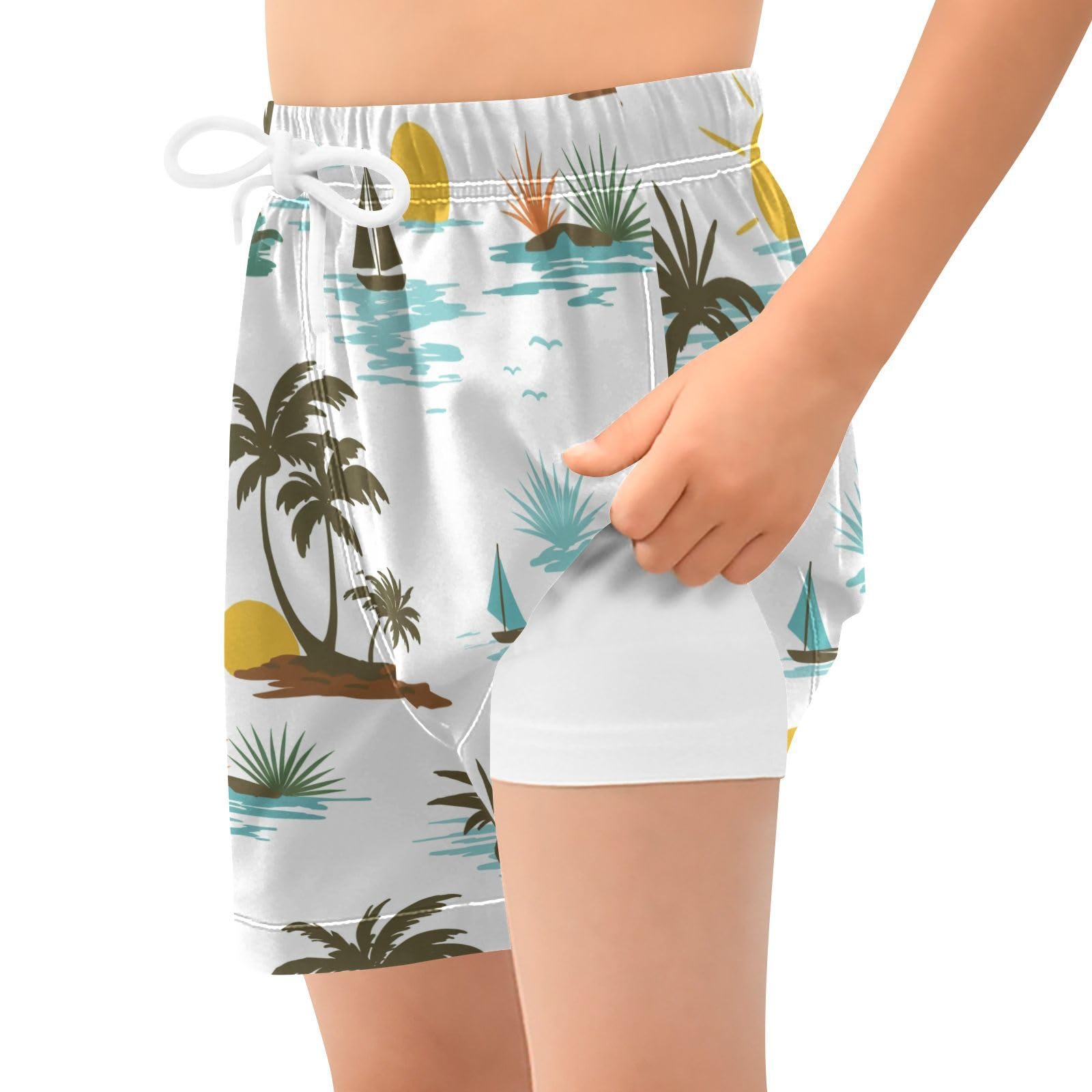 YANENDIE Boy Swim Trunks with Compression Liner Topical Plants Sailboat Boys Swim Shorts Quick Dry Beach Shorts