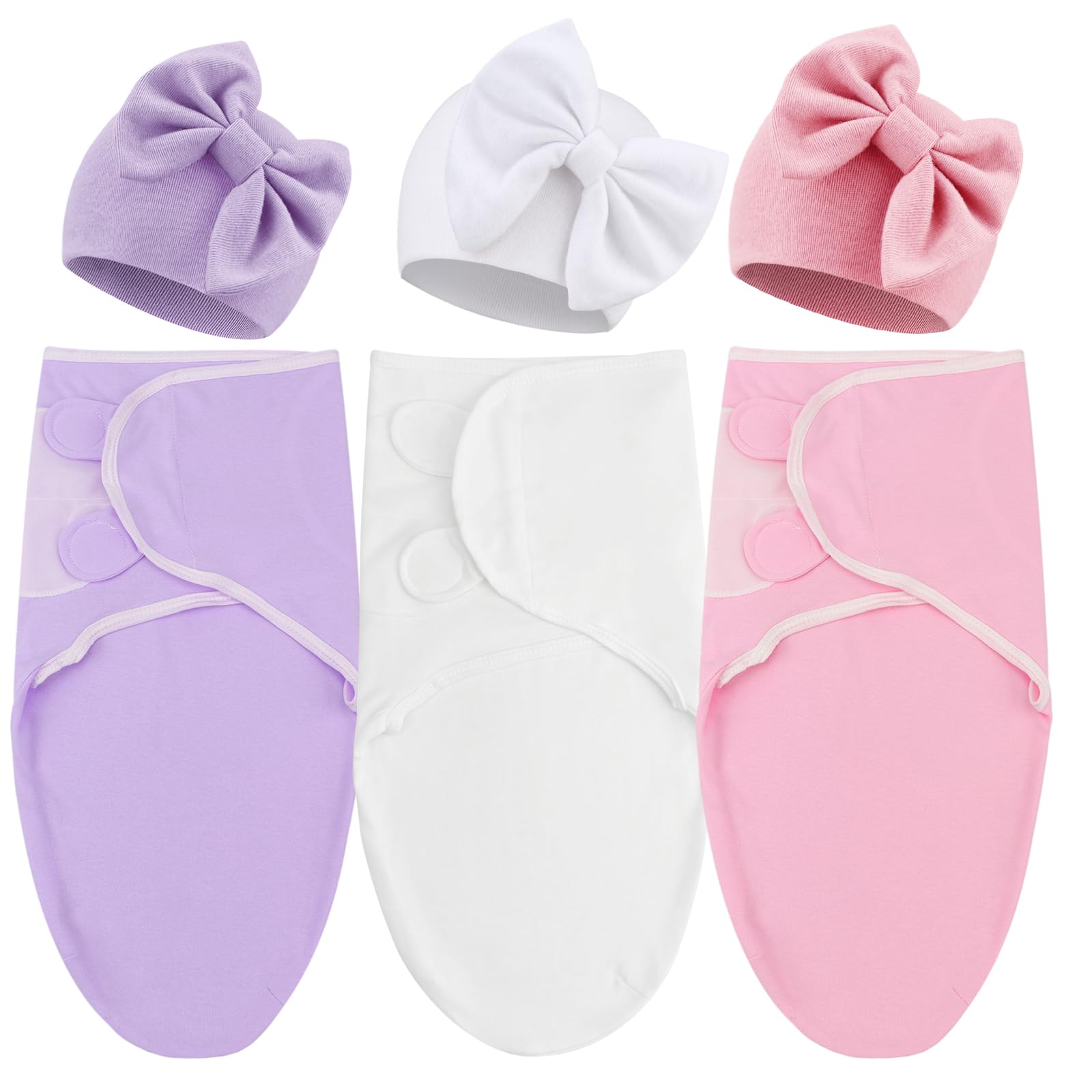 DRESHOW BQUBO 3 Pack Baby Swaddle Sleep Sacks Baby Swaddle Blanket Wrap Newborn Swaddles Sack with Big Bow Hat for Boys Girls 6-12 Lbs Newborns & 0-3