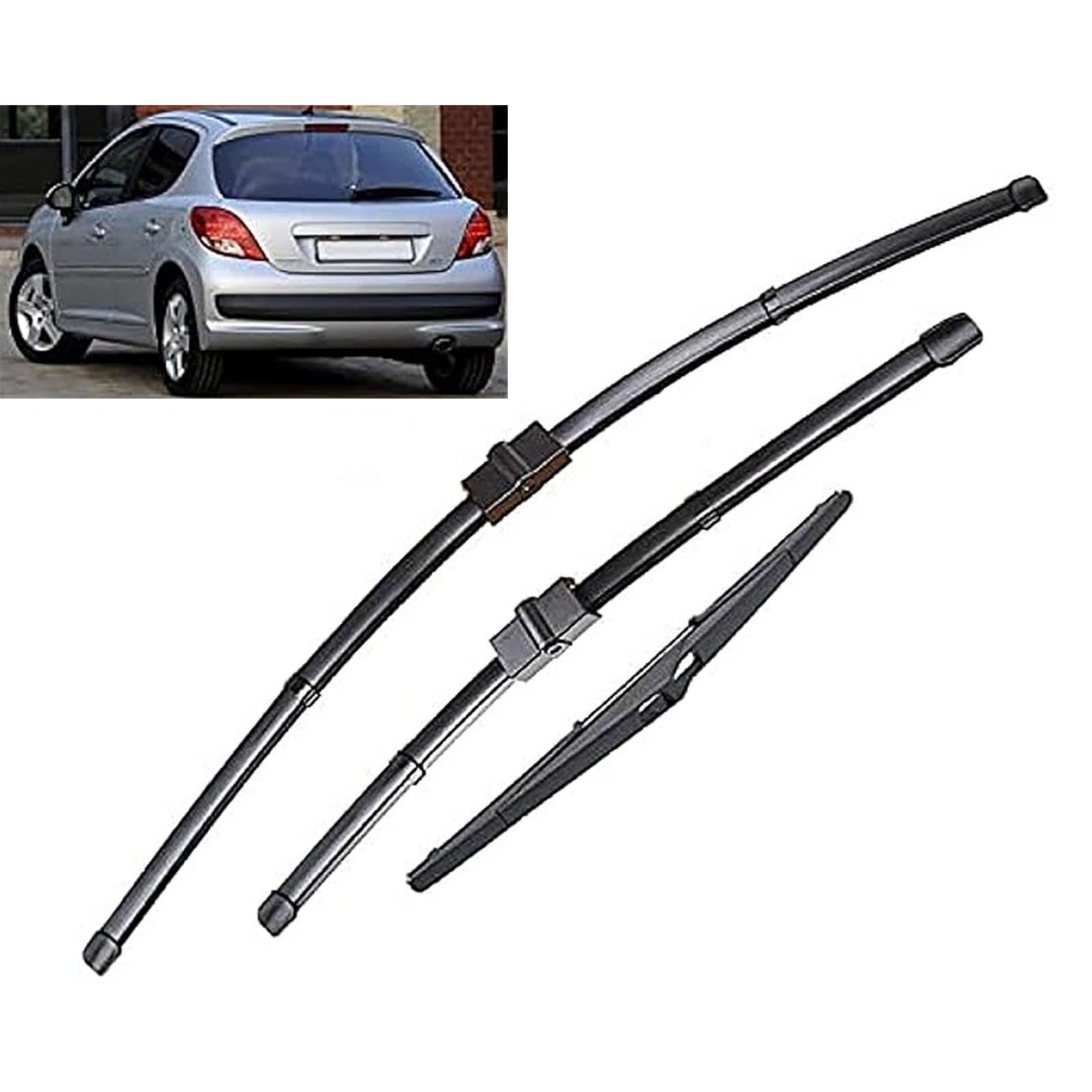 Compatible with Peugeot 207 2009-2017, Car Front Rear Windshield Wiper Blades Wiper Tuning Replacement Exterior Accessories Set