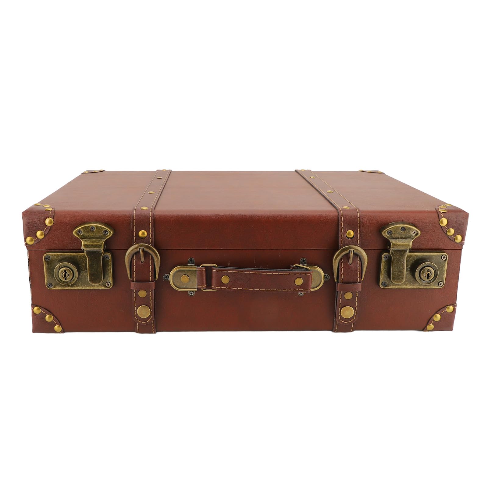 Vintage & Cute Leather Suitcase, Non wheeled Mini Featured Metal Strong Material Travel Suitcases with Shoulder Strap Exquisite Corner Guard for Travel Photography Props