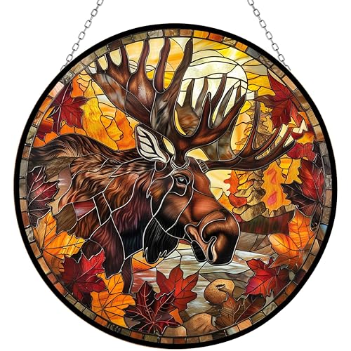 365CUSGIFTS Christmas Moose Chirstmas Suncatchers for Windows,6.3” Stained Glass Window Hangings,Hand-Painted Glass Panel Perfect for Home Décor