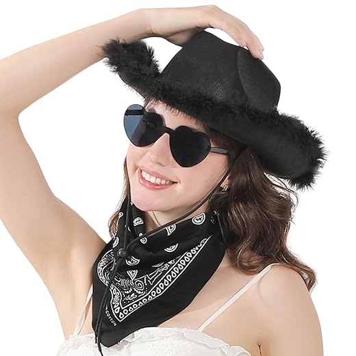 Pink Cowgirl Hat with Bandana and Sunglasses - Pink Cowboy Hat for Women and Teens, Fun Cow Girl Hat, Cowgirl Costume