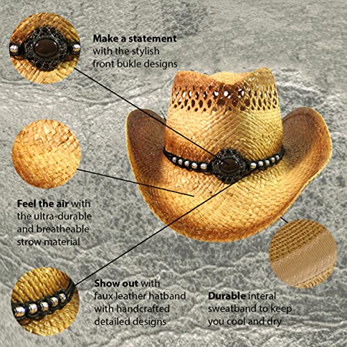 Image of SILVERFEVER Straw Cowboy Hat Cowgirl Hats Men Women Sun Hat Sombreros Vagueros Classic Western Accents Sombreros